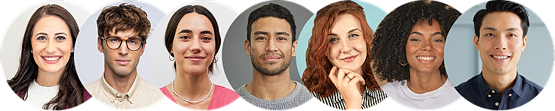 Diverse group of smiling individuals with various hairstyles.